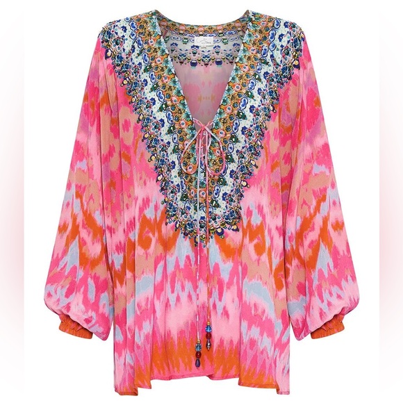 Camilla Printed Silk Hand-Beaded Lace-Up Blouse - Picture 1 of 12